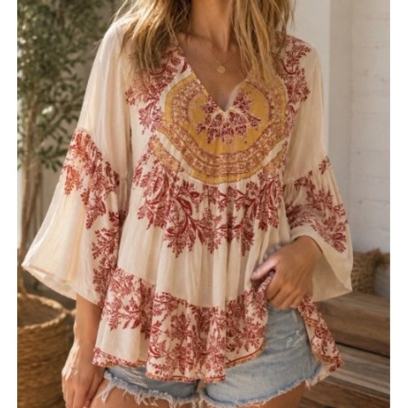 Free People Tops - Free People Tunic Top Sunset Dreams S Ivory Orange Boho Bell Sleeve V-Neck